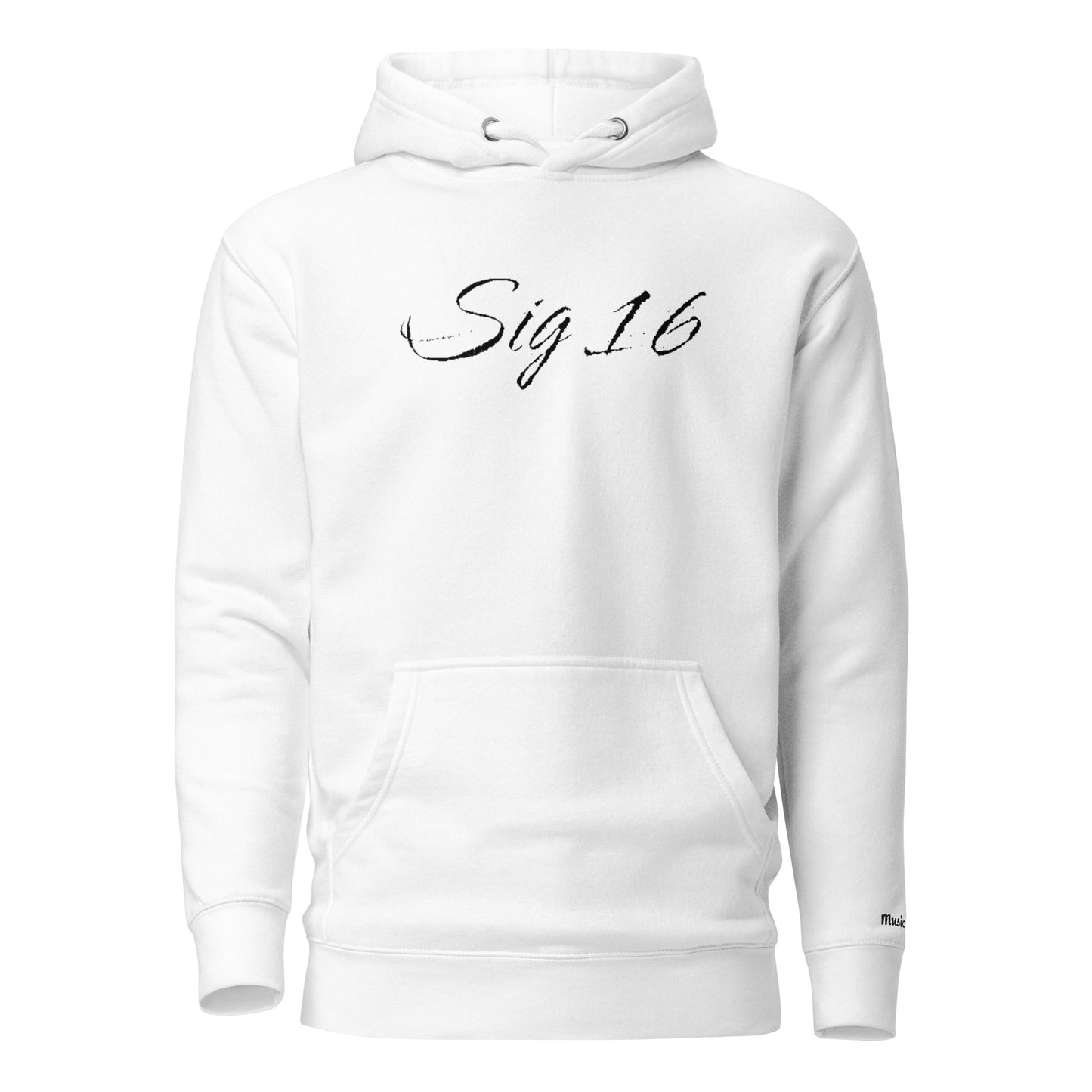 1. Front view of Unisex Sig 16 Hoodie | 2. Back view of Unisex Sig 16 Hoodie | 3. Close-up of Unisex Sig 16 Hoodie design | 4. Unisex Sig 16 Hoodie worn by model
