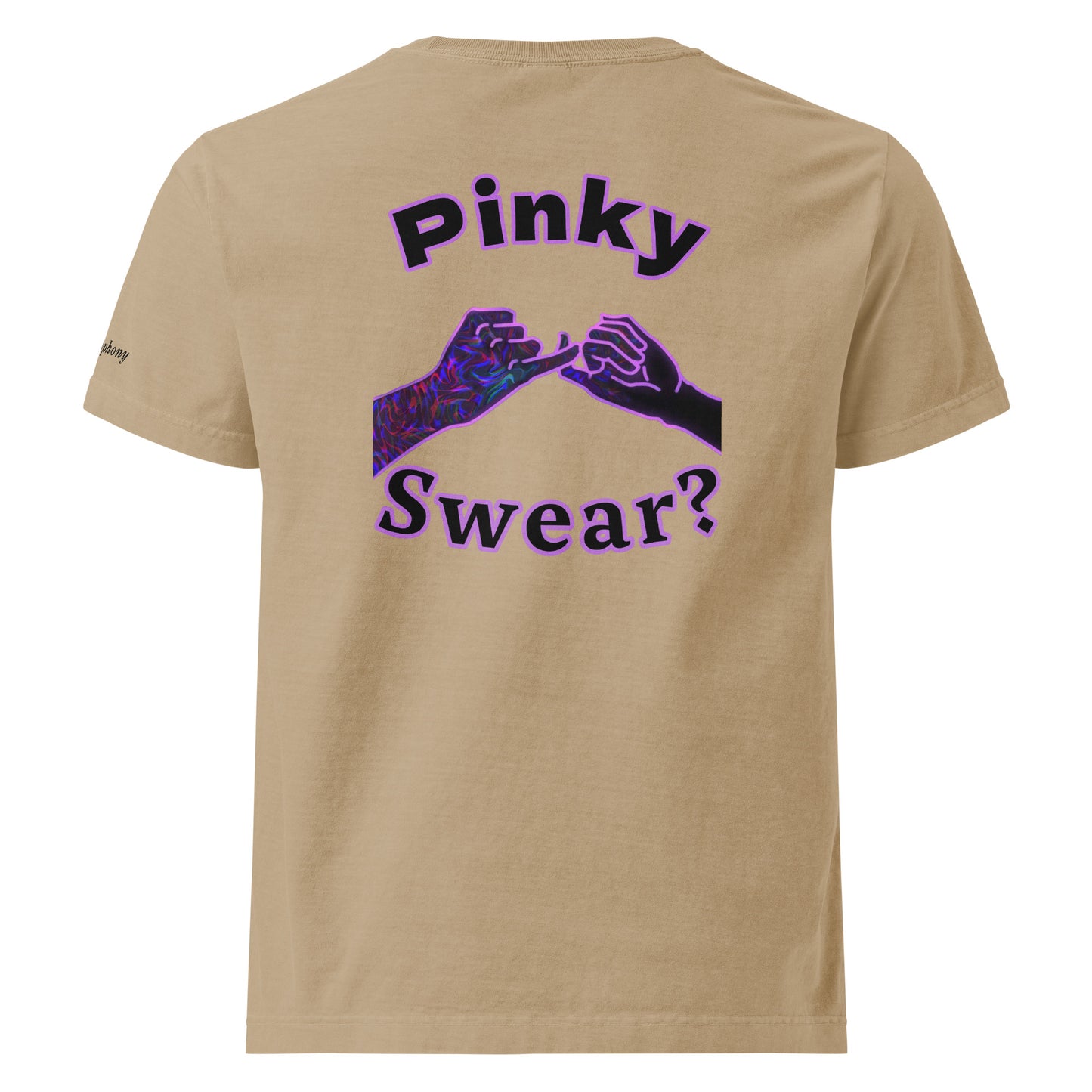 1. Front view of Unisex Pinky Swear? T-shirt | 2. Back view of Unisex Pinky Swear? T-shirt | 3. Close-up of Unisex Pinky Swear? T-shirt design | 4. Unisex Pinky Swear? T-shirt worn by model