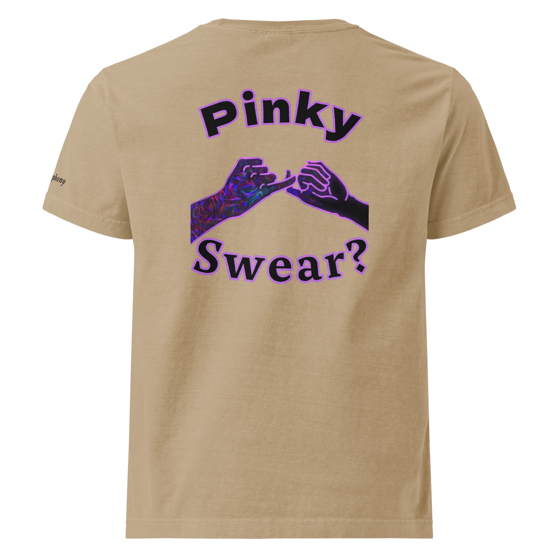 1. Front view of Unisex Pinky Swear? T-shirt | 2. Back view of Unisex Pinky Swear? T-shirt | 3. Close-up of Unisex Pinky Swear? T-shirt design | 4. Unisex Pinky Swear? T-shirt worn by model